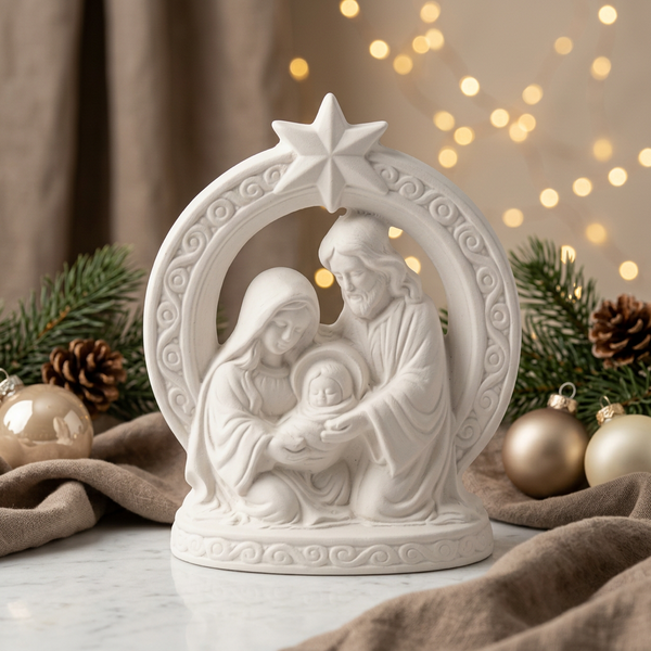 Presépio clássico branco de cerâmica perfumada, com arco e estrela, entre ramos e bolas de Natal.