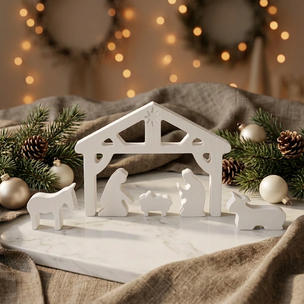 Presépio branco de cerâmica perfumada com cabana aberta, Sagrada Família e animais, entre ramos e bolas de Natal.