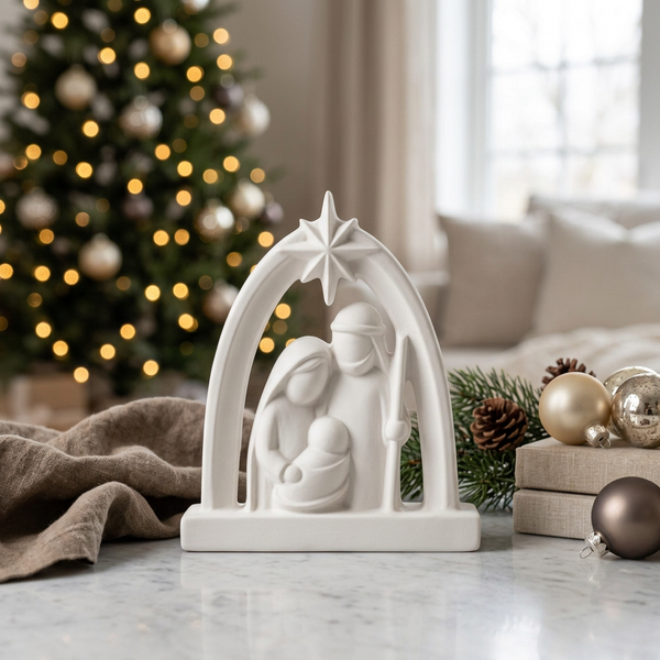 Presépio minimalista branco com arco e estrela, entre ramos verdes e bolas de Natal.