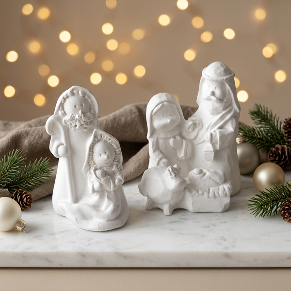 Dois mini presépios de cerâmica perfumada branca, com diferentes representações da Sagrada Família, numa composição de Natal.