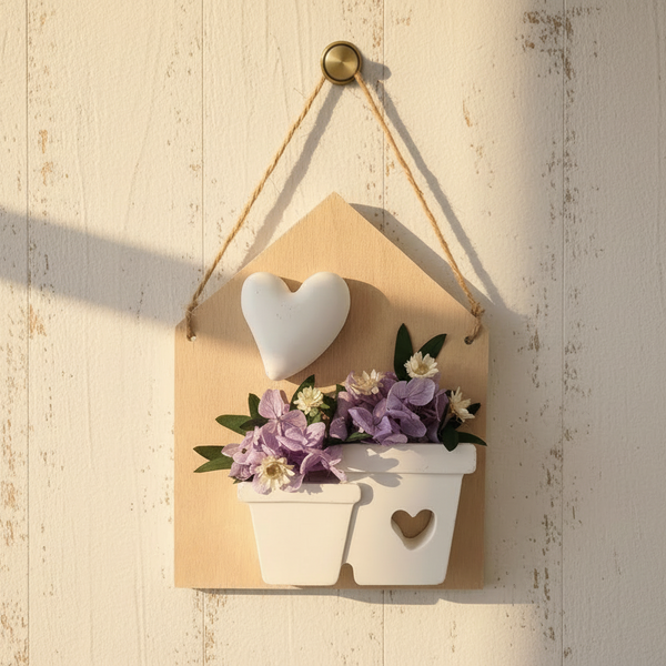 Quadro decorativo de parede com vaso em cerâmica e flores secas em base de madeira estilo rústico.