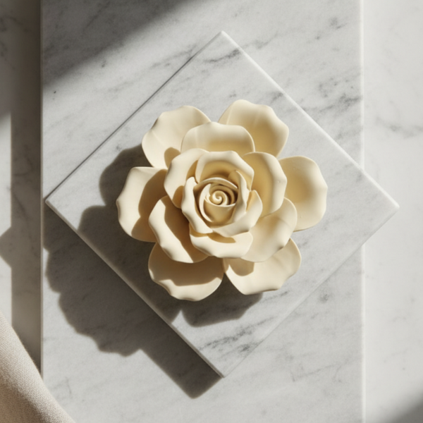 Cerâmica perfumada artesanal em formato de rosa aberta com pétalas finas para pousar ou pendurar.