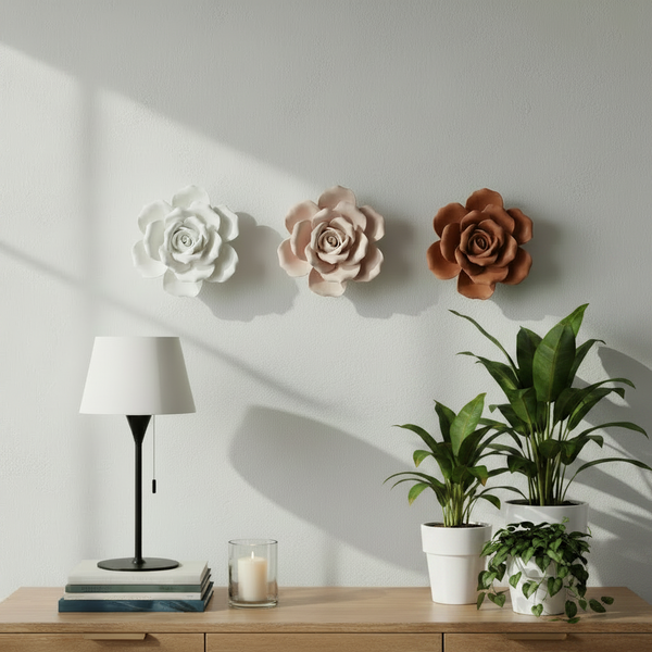 Cerâmicas perfumadas artesanais em formato de rosa aberta com pétalas finas para pousar ou pendurar.
