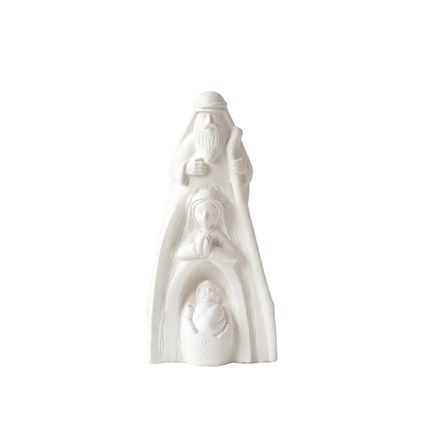 Vista frontal da Sagrada Família Alta de cerâmica perfumada branca, com figuras em relevo, sobre fundo branco.