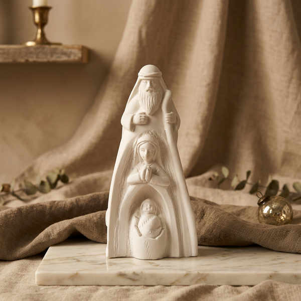 Sagrada Família Alta de cerâmica perfumada branca sobre base de mármore, com tecido e ramos ao fundo.