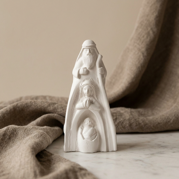 Sagrada Família Alta branca, com São José, Maria e o Menino Jesus numa composição vertical, junto a tecido bege.