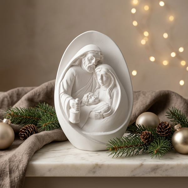 Sagrada Família de cerâmica perfumada branca, com contorno oval, entre ramos verdes e bolas de Natal.