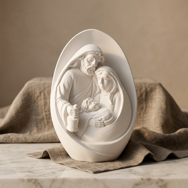 Sagrada Família branca com São José, Maria e o Menino Jesus em relevo, sobre mármore e tecido bege.