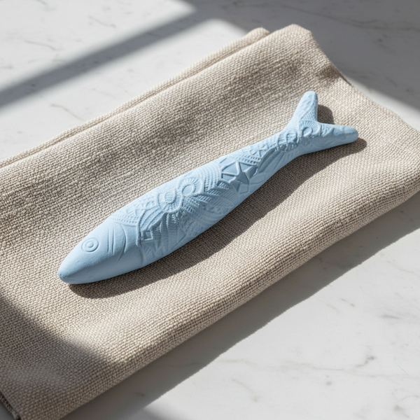 Sardinha rendada de cerâmica perfumada da 44 com íman, em tons pastel, da coleção Alma Portuguesa.