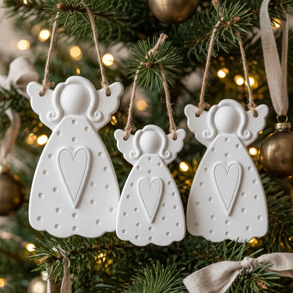 Três anjos brancos com corações e pequenos pontos em relevo, suspensos por cordões na árvore de Natal.