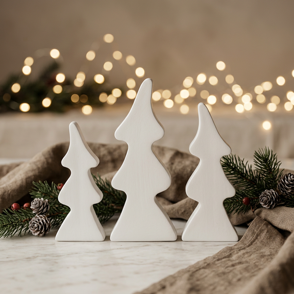 Trio de pinheiros brancos de diferentes alturas numa composição com ramos verdes e luzes de Natal.