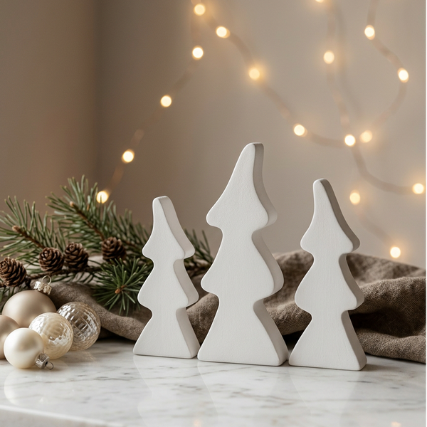 Trio de pinheiros estilizados de cerâmica perfumada branca, com três alturas, entre ramos e bolas de Natal.