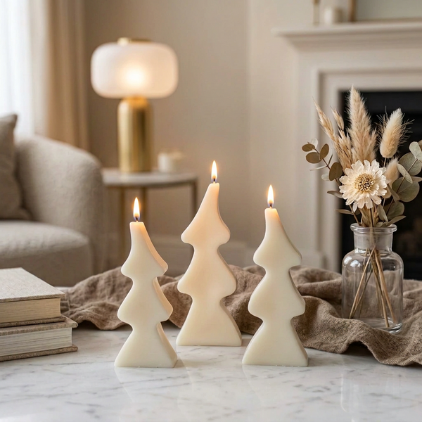 Três velas decorativas Pinheiros acesas, junto a livros e flores secas numa sala em tons neutros.