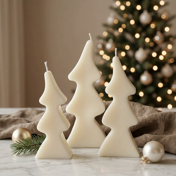 Conjunto de três velas Pinheiros de alturas diferentes, junto a ramos e bolas de Natal.