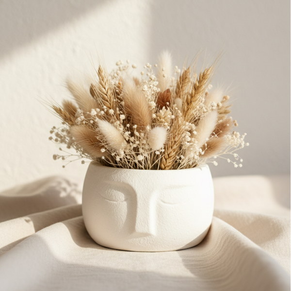 Vaso decorativo rosto estilizado com arranjo de flores secas decoração minimalista.