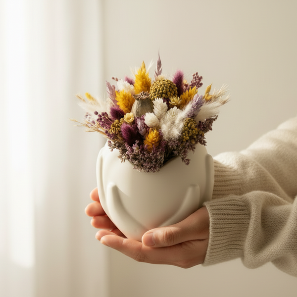 Vaso decorativo de cerâmica artesanal com coração nas mãos e flores preservadas estilo minimalista ideal para presente.