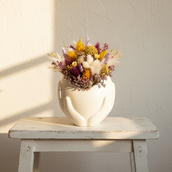 Vaso decorativo branco com coração nas mãos com flores secas estilo minimalista e romântico.