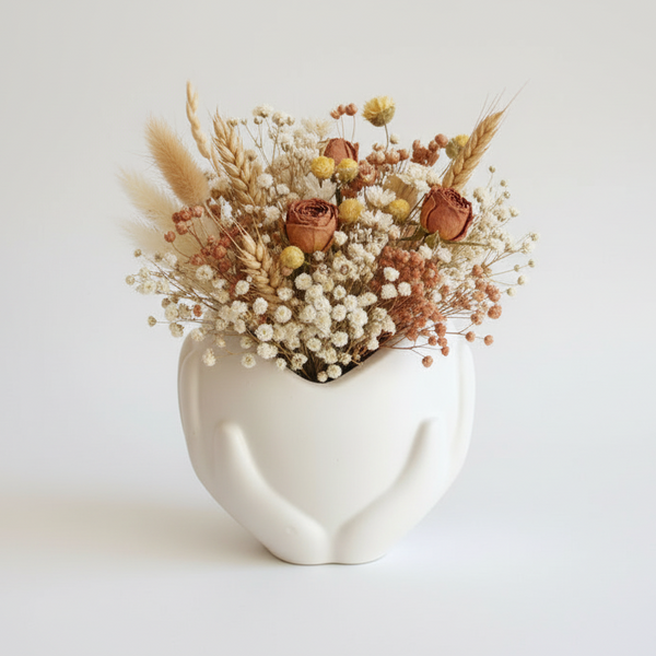 Vaso decorativo branco com mãos segurando coração e flores secas estilo minimalista e romântico.