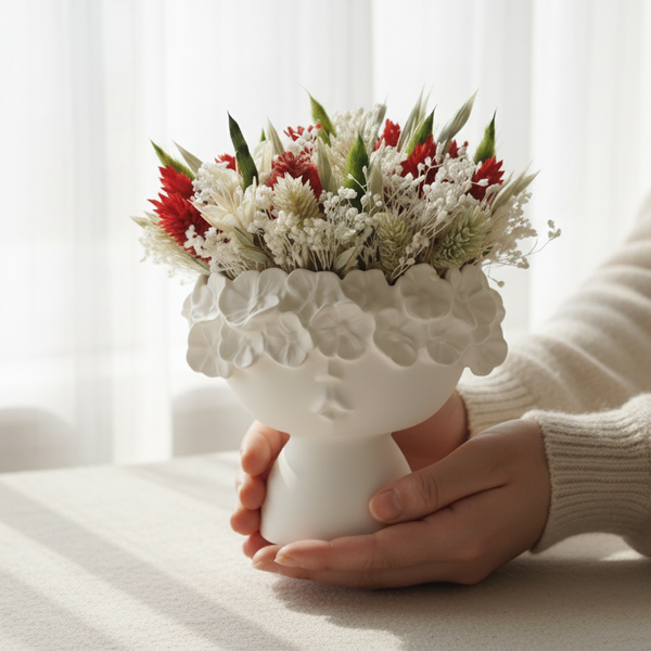 Vaso decorativo branco em formato de rosto feminino com flores preservadas estilo moderno e romântico.