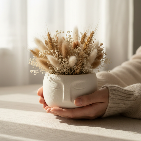 Vaso decorativo rosto estilizado com arranjo de flores secas para decoração moderna.
