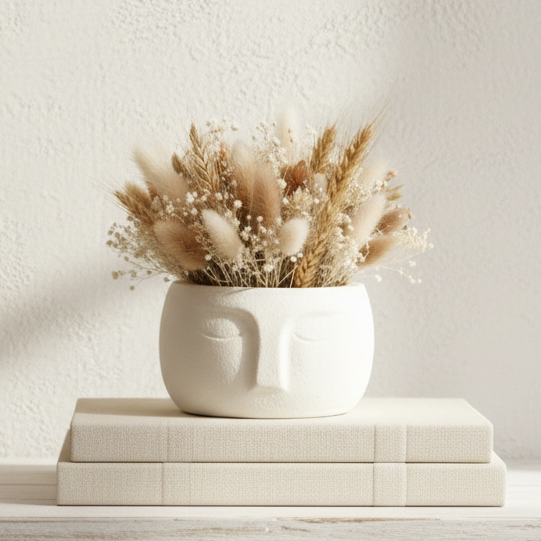 Vaso decorativo rosto estilizado com arranjo de flores secas decoração minimalista.