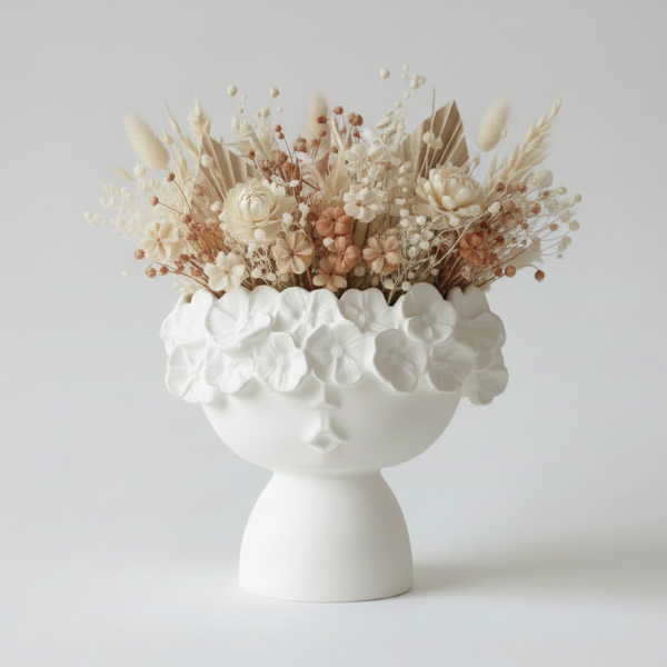 Vaso decorativo branco em formato de rosto feminino com flores secas naturais estilo moderno minimalista.
