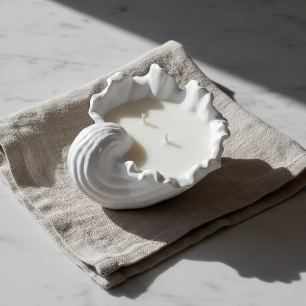 Vela aromática artesanal da Coleção Conchas de Luz em concha grande de cerâmica.