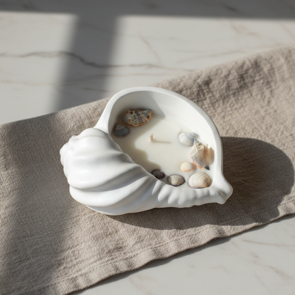 Vela aromática artesanal decorativa com motivos marítimos, feita à mão em búzio de cerâmica.