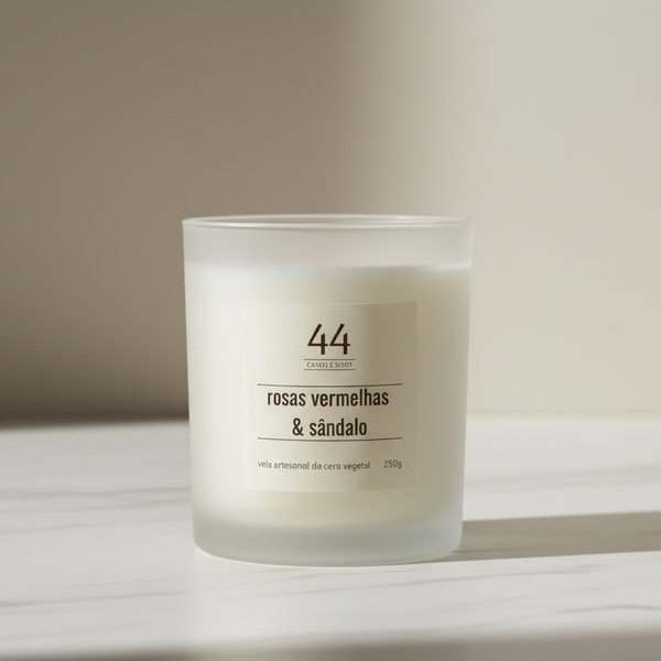 Vela aromática Premium de Rosas Vermelhas e Sândalo da 44 em copo de vidro fosco.