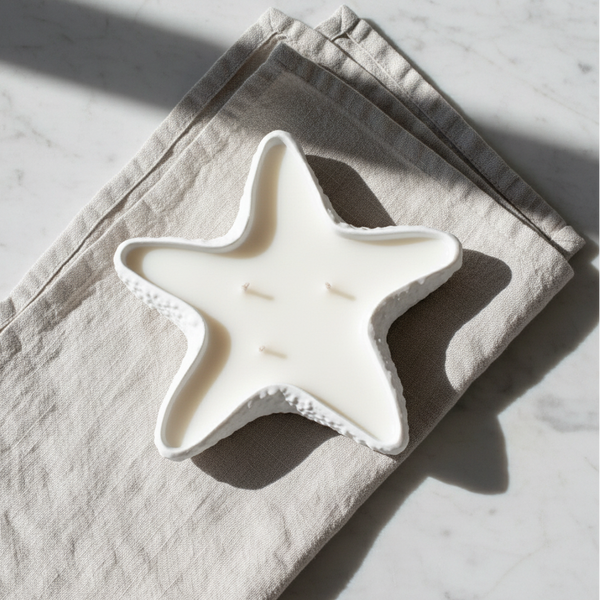 Vela aromática artesanal da Coleção Conchas de Luz em estrela do mar de cerâmica.