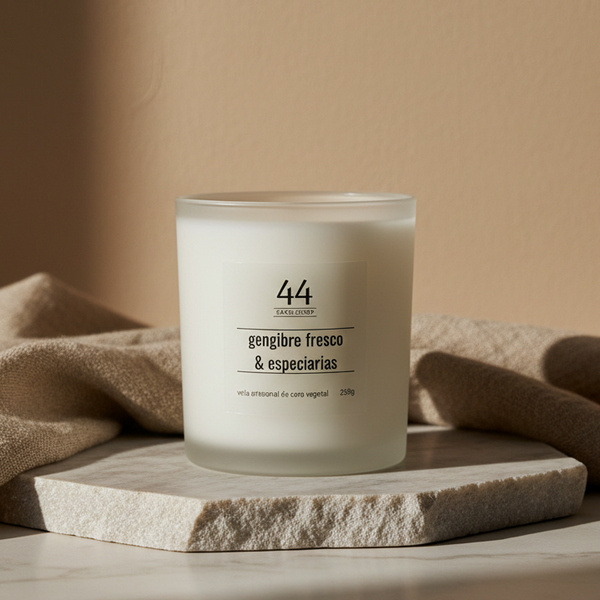 Vela aromática artesanal premium gengibre fresco e especiarias em copo de vidro fosco minimalista 250g.