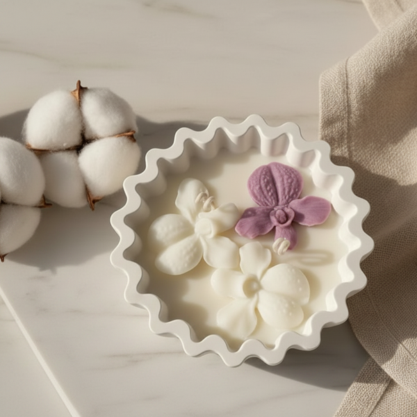 Vela artesanal mini em cerâmica branca decorada com orquídeas de cera vegetal.