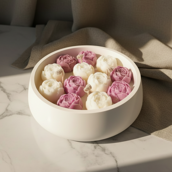 Vela aromática artesanal decorada com flores de cera vegetal em taça de cerâmica.
