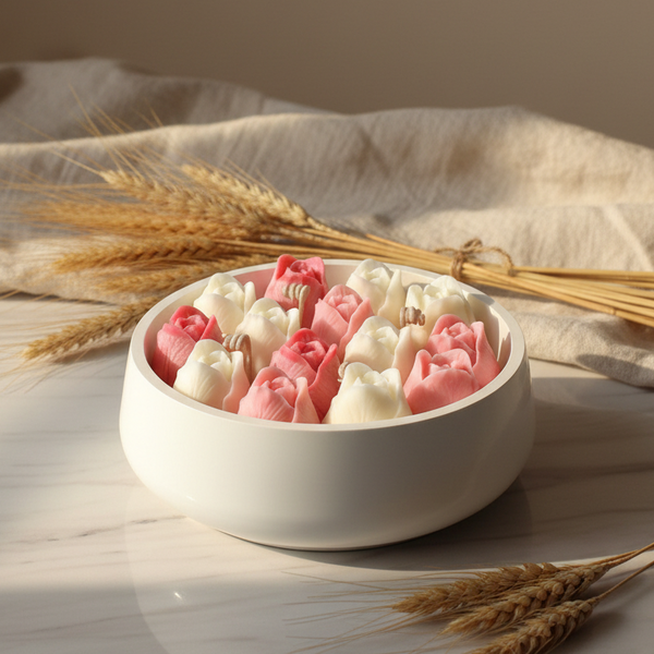 Vela aromática artesanal decorada com flores de cera vegetal em taça de cerâmica.