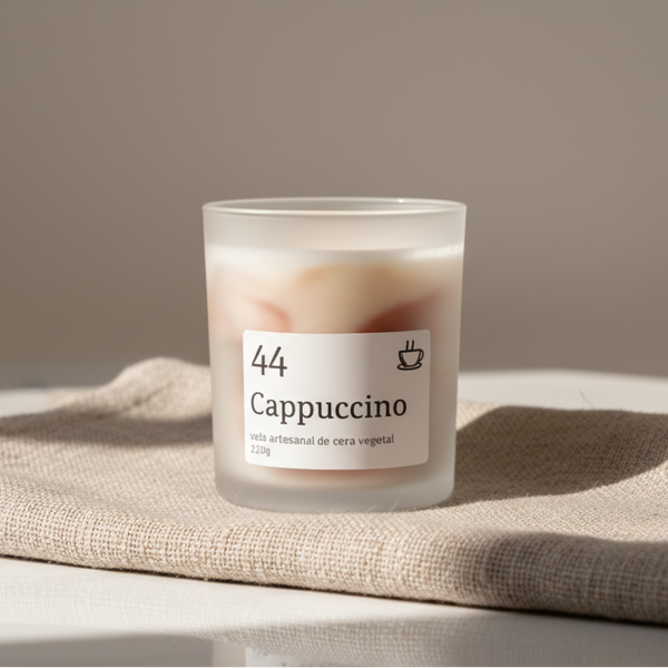 Vela aromática artesanal em copo de vidro fosco com aroma de cappuccino e efeito marmoreado castanho.