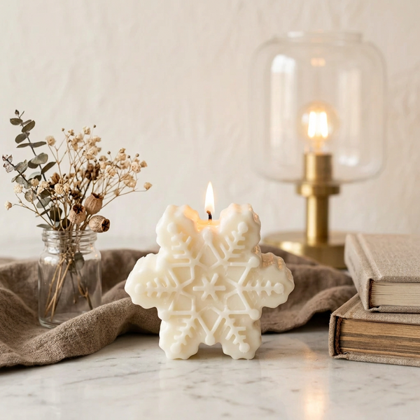 Vela Floco de Neve acesa, com motivos em relevo, junto a livros e flores secas.