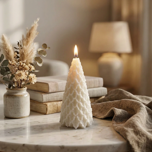 Vela Pinheiro Folhas acesa, com textura de folhas em relevo, junto a livros e flores secas.
