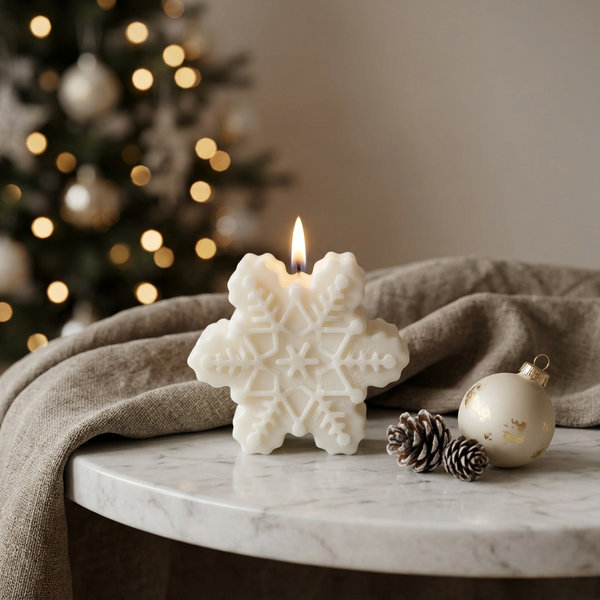 Vela Floco de Neve acesa, em cera de soja de tom claro com motivos em relevo, junto a uma árvore de Natal.