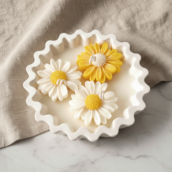 Vela aromática artesanal decorativa feita à mão decorada com flores margaridas.