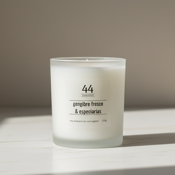 Vela aromática artesanal premium gengibre fresco e especiarias em vidro fosco minimalista 250g.