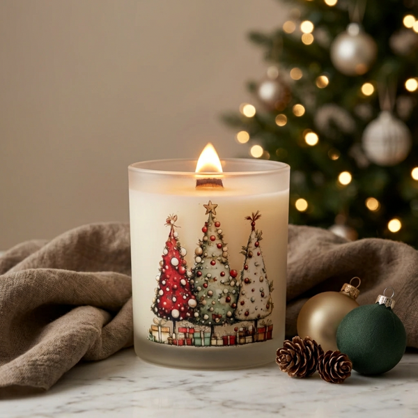 Vela de Natal acesa em copo de vidro fosco com desenho de três pinheiros decorados, junto a uma árvore de Natal.