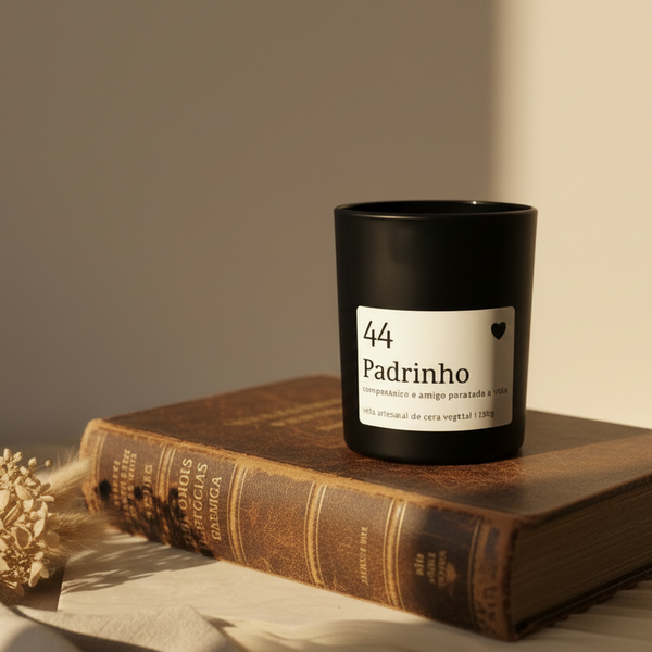 Vela aromática artesanal para padrinho em copo preto com aroma masculino e com rótulo “Padrinho”.