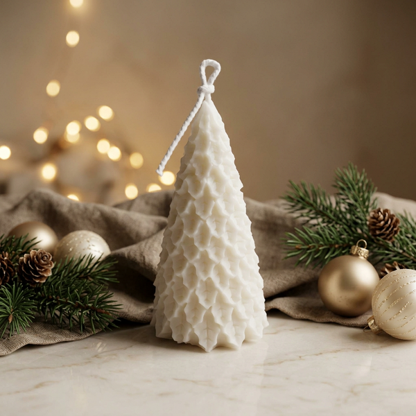 Vela decorativa em forma de pinheiro com folhas em relevo e pavio de algodão, num ambiente natalício.