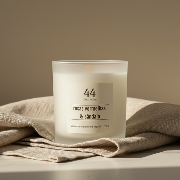 Vela aromática Premium de Rosas Vermelhas e Sândalo da 44 em copo de vidro fosco.