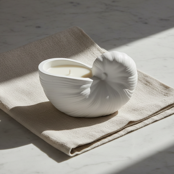 Vela aromática artesanal decorativa feita à mão em búzio de cerâmica.