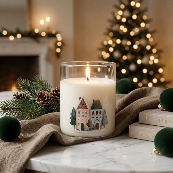 Vela de Natal acesa em copo de vidro com desenhos de casas, sobre uma superfície de mármore.