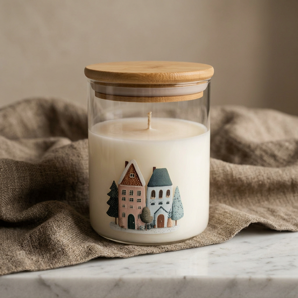 Vela em copo de vidro com desenhos de casas e tampa de bambu, junto a tecido bege.