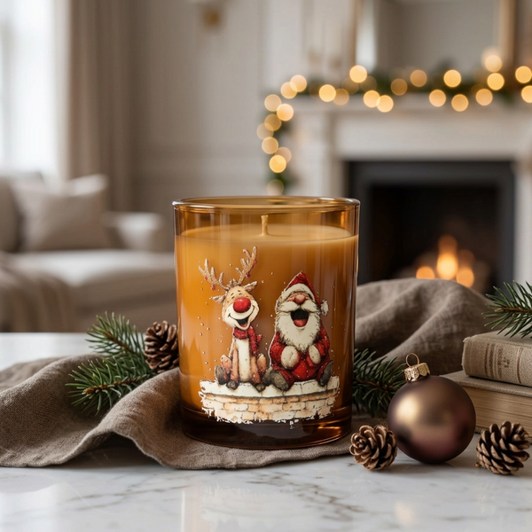 Vela em copo de vidro âmbar com motivos de Pai Natal e rena, num ambiente natalício com lareira ao fundo.