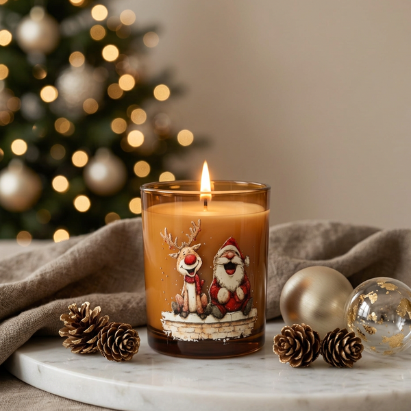 Vela de Natal acesa em copo de vidro âmbar com desenho de Pai Natal e rena, junto a pinhas e bolas de Natal.