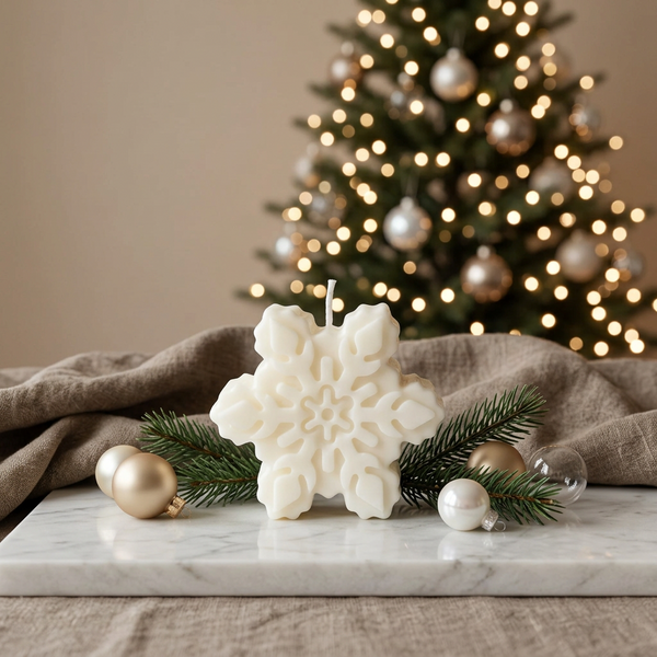 Vela decorativa em forma de floco de neve, com desenho em relevo e pavio de algodão, junto a ramos e bolas de Natal.